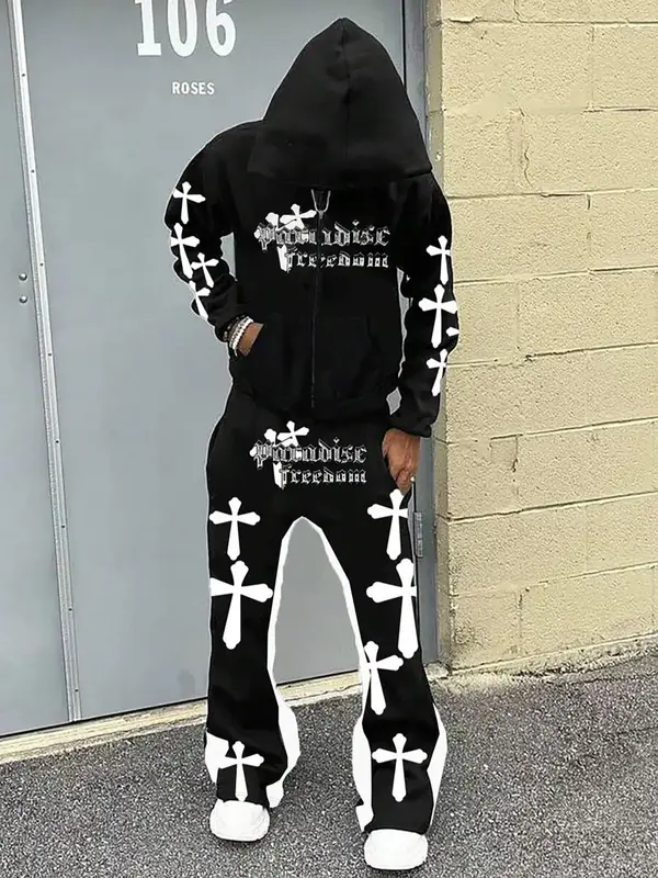 Men's Cross Print Zip Up Longsleeves Hoodie & Drawstring Waist Pants, Loose Fashion Casual Pocket Hooded Sweatshirt & Trouser...