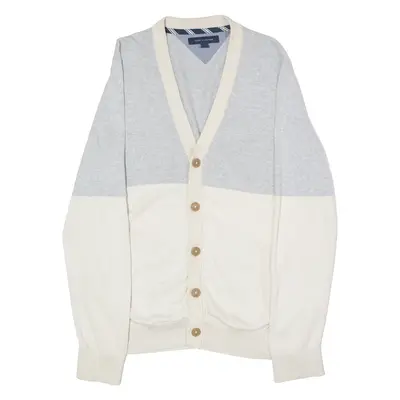 TOMMY HILFIGER Mens Patterned Cardigan Cream Colourblock V-Neck Tight Knit L