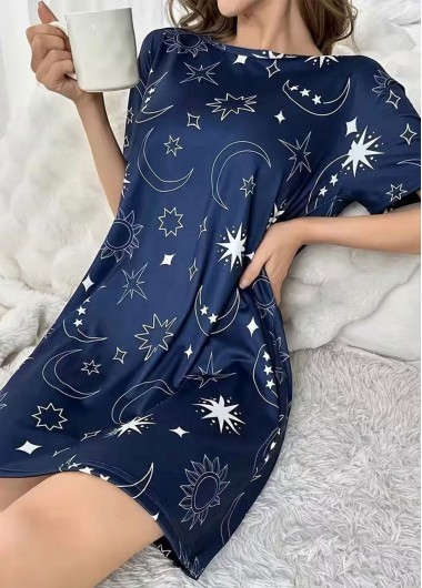 Modlily Navy Star Print Short Sleeve Round Neck Nightdress - M