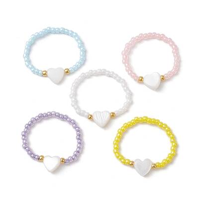 Natural Shell Heart & Glass Seed Beaded Stretch Rings