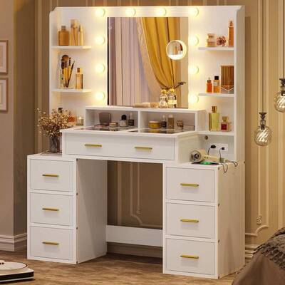 Sikaic Glass Top Makeup Vanity With Lights Power Strip & 10x Magnifying Mirror And Compartment Storage Drawers & Shelves