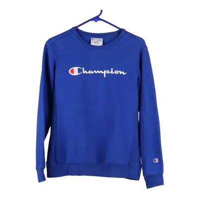 Champion Spellout Hoodie - Large Blue Cotton Blend