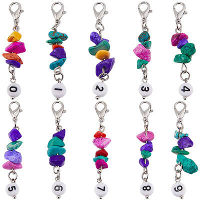20Pcs Number 0-9 Synthetic Turquoise Chip & Acrylic Beaded Locking Stitch Markers