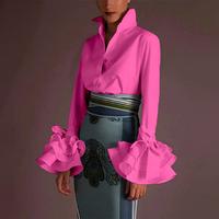 UOOZEE Women's Pink All Seasons Fitted Minimalist Blouse with Trumpet Sleeves Bow Decoration Ruffle Lapel Shirt Tops for Dail...