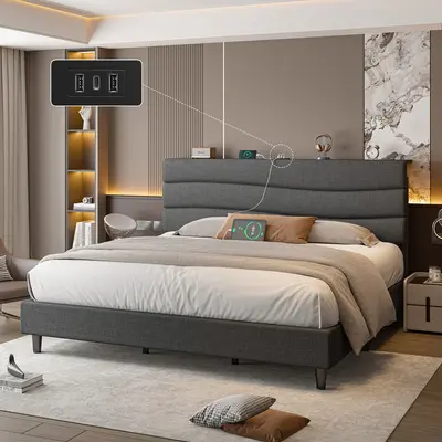 Raybee Bed Frame Upholstered Headboard Height Adjustable Wavy Line Top Storage Shelf & USB Type-C Charging Noise-Free Qeen Be...