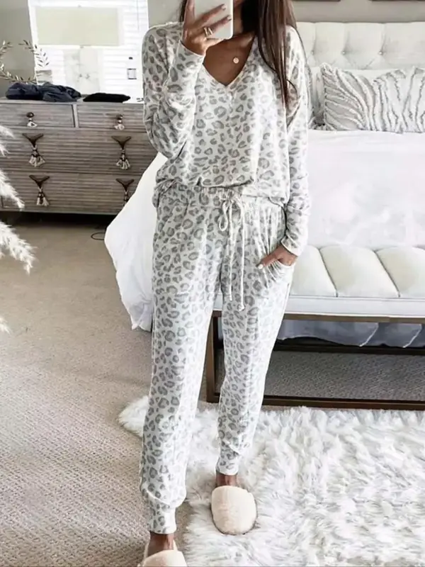 Women's Leopard Print Loungewear Set, Casual V Neck Chic Leopard Print Design Tee & Drawstring Waist Pants Lounge Set, Chic S...