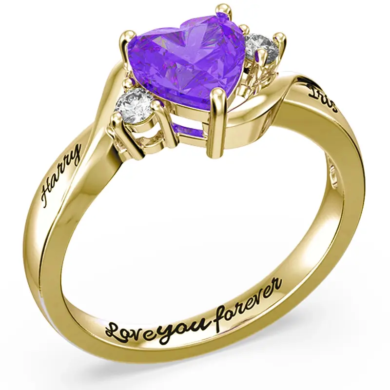 10K White Gold Heart Cubic Zirconia Personalized Engraving Birthstone Ring