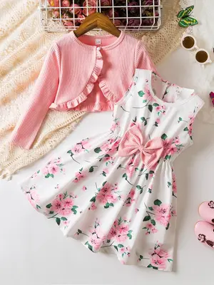 Toddler Girl's Floral Print Bow Decor Sweater Dress & Knitting Top Two-Piece Set, Cute Casual Two Piece Outfits for Daily Wea...