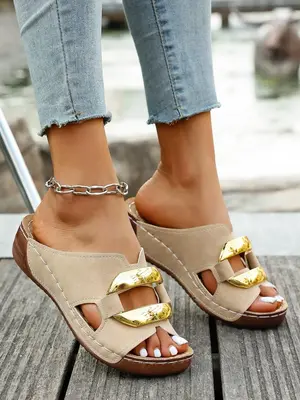 Women's Fashionable Metal Buckle Open Toe Sandals, Casual Comfortable Platform Sandals for Beach Vacation, All-match Commuter...