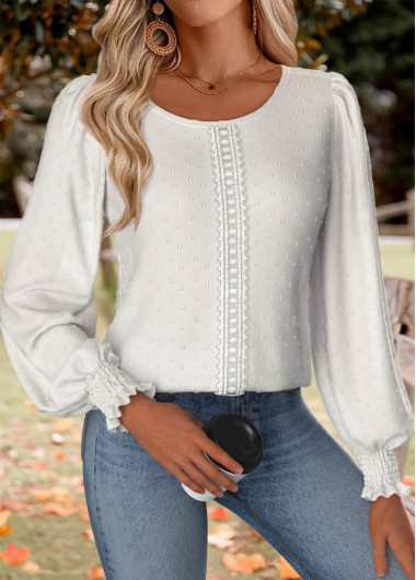 Modlily White Tummy Coverage Long Sleeve Round Neck Blouse - S