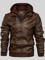Men's Slim Fit Solid Zip Up Pocket Long Sleeve Hooded Pu Jacket, Trendy Casual Zipper Coat for Daily Outdoor Life, Zip Up Jac...