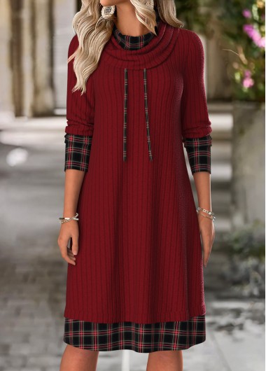 Modlily Wine Red Tummy Coverage Plaid Long Sleeve Dress - XXL