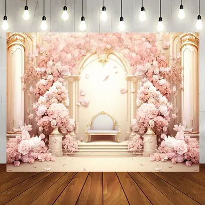 Gold Pink Flower Palace Chair Girl Birthday Backdrop - Aperturee