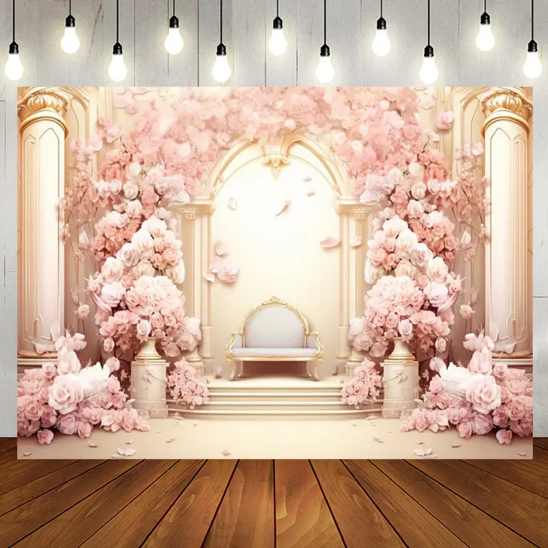 Gold Pink Flower Palace Chair Girl Birthday Backdrop - Aperturee