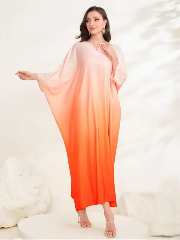 Arabic Clothing-Ombre Batwing Sleeve Notched Kaftan, Elegant Long Sleeve Long Dress for Spring & Fall, Women's Islamic Clothi...