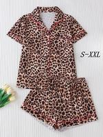 Women's Leopard Print Short Sleeve Pajama, Elegant Button Up Lapel Neckline Top & Shorts PJ Set, Ladies Sleepwear for Summer,...