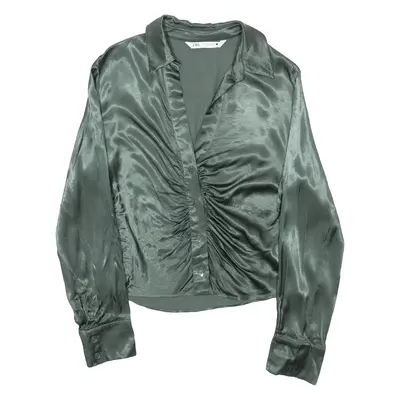 ZARA Womens Shirt Green V-Neck Long Sleeve Silk S