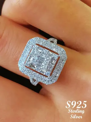 S925 Sterling Silver Promise Ring, Luxury Square Shaped Artificial Zircon Decor Ring, Summer Gorgeous Rhinestone Decor Weddin...