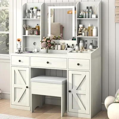 Farmhouse Makeup Vanity Desk with LED Light Mirror and Charging Station, 43\