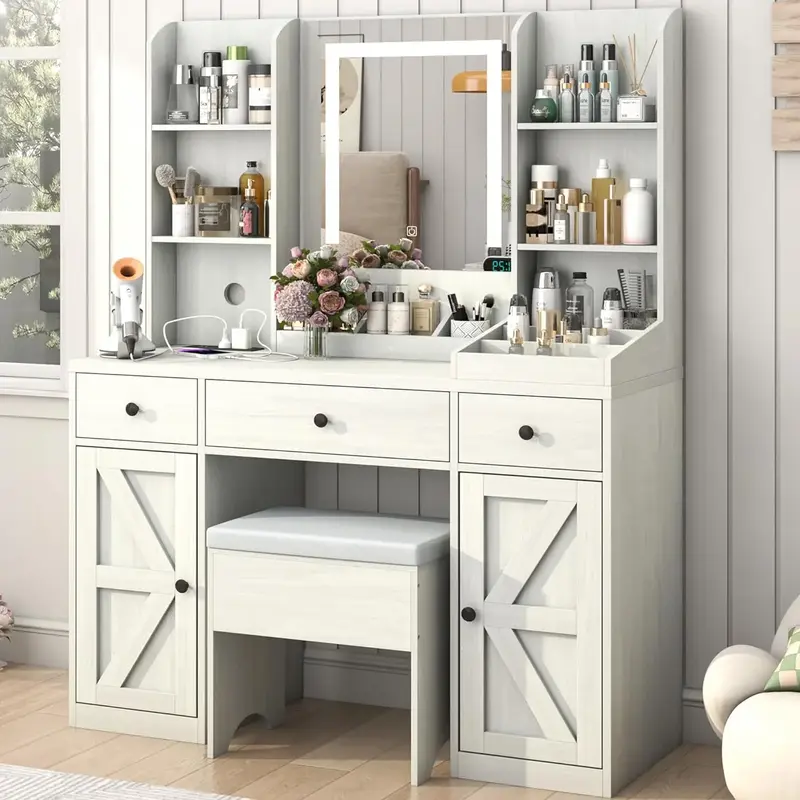Farmhouse Makeup Vanity Desk with LED Light Mirror and Charging Station, 43\