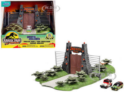 Jurassic Park Theme Park Entrance Diorama with Jeep Wrangler and Ford Explorer 30th Anniversary \