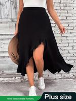 Plus Size Asymmetrical Ruffle Trim High Waist Skirt, Elegant Solid Color Midi A Line Skirt For Daily Vacation Party, Women's ...
