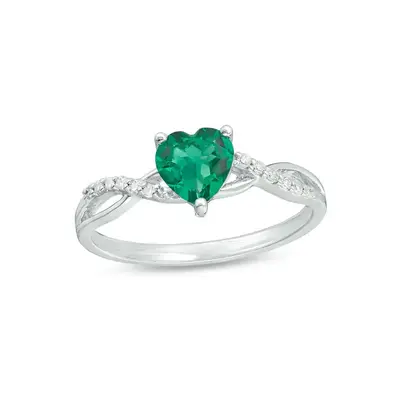 10K White Gold Heart Cut Emerald & 0.05 CT.T.W. Round Diamond Twist Shank Engagement Band