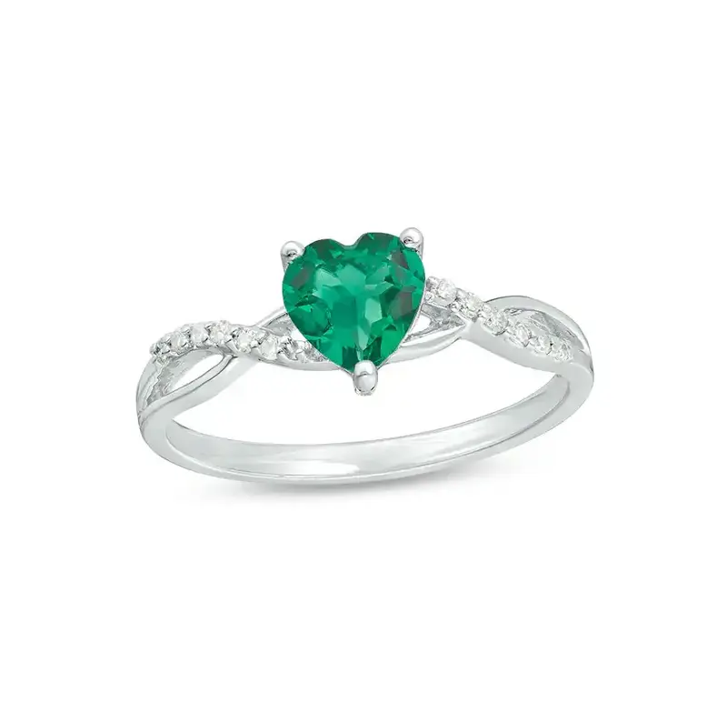 10K White Gold Heart Cut Emerald & 0.05 CT.T.W. Round Diamond Twist Shank Engagement Band