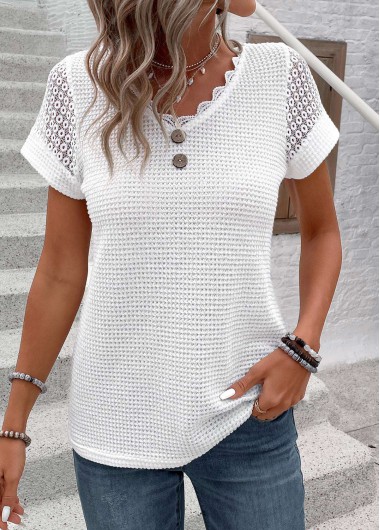 Modlily White Patchwork Short Sleeve V Neck T Shirt - XXL