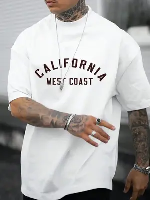 Men's Letter Print Drop Shoulder Half Sleeve Tee, Summer Clothes, Regular Fit Casual Soft Comfy Round Neck T-Shirt for Summe...