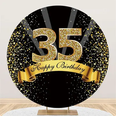 Aperturee Happy Birthday For 35Th Black Gold Glitter Round Backdrops | Birthday Backdrop Cover | Circle Party Backdrop | Circ...