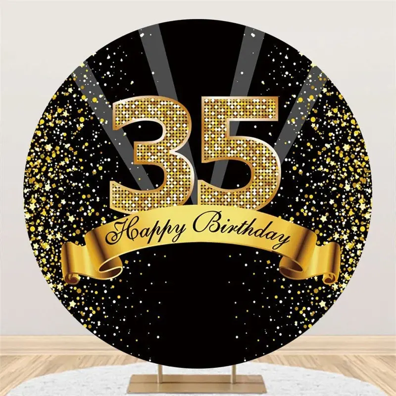 Aperturee Happy Birthday For 35Th Black Gold Glitter Round Backdrops | Birthday Backdrop Cover | Circle Party Backdrop | Circ...