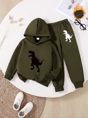 Boys' Cute Dinosaur Hoodie Set, Long Sleeve Fleece Pullover & Comfortable Jogger Pants, Perfect Gift for Kids, Fall Winter Ca...