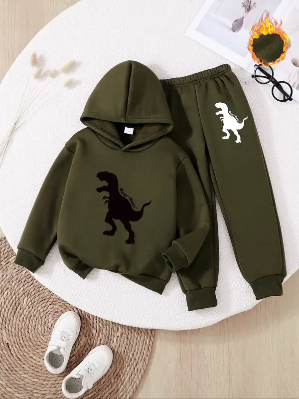 Boys' Cute Dinosaur Hoodie Set, Long Sleeve Fleece Pullover & Comfortable Jogger Pants, Perfect Gift for Kids, Fall Winter Ca...