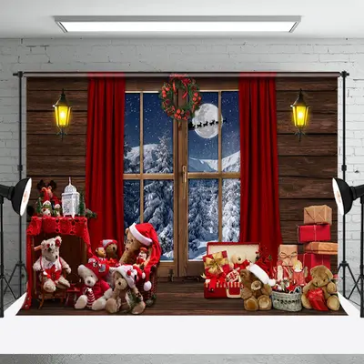 Aperturee Wood Grain Window Snow Mountain Moon Christmas Backdrop - Aperturee