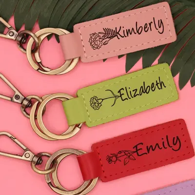 Colorful Birth Month Flower Leather Keychain , Real Leather, Same Day Shipping, Free Shipping US