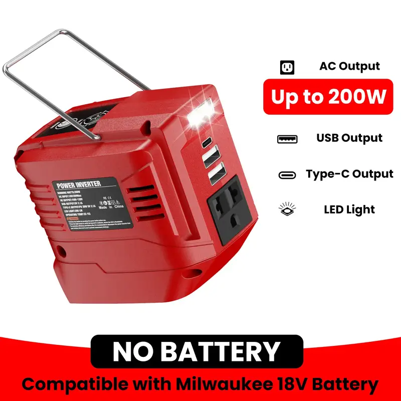 【No Batteries】200W Power Inverter for Milwaukee M18 Battery, Battery Not Included, DC 18V to AC 110-120V Battery Inverter...