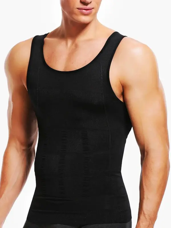 Men's Solid Shapewear Tank Top, Compression Shirt, Casual Comfy Sleeveless Shapewear Top for Daily Wear, Men's Shapewear for ...