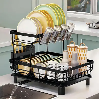 2 Tier Dish Drying Rack for Kitchen Counter Metal Dish Racks Drainers with Knife Cup Utensil Holder Organiser Black