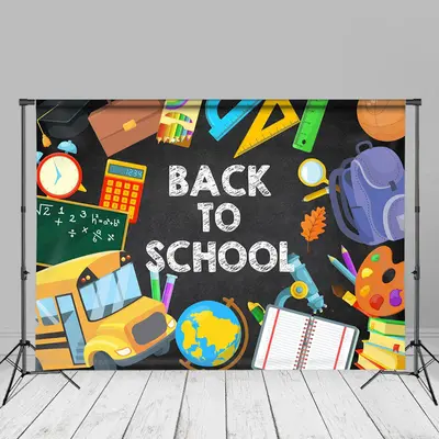 Bus School Supplies Globe Back To School Backdrop - Aperturee