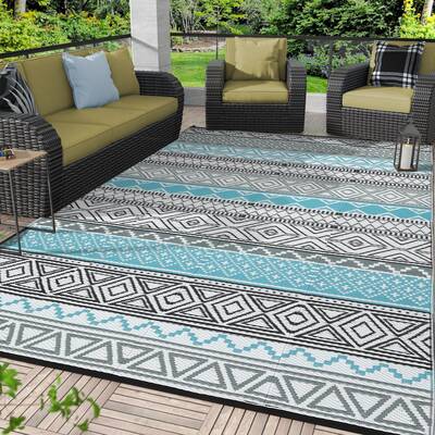 Garvee Outdoor Blue & Grey 9x18 Plastic Straw Rug, Waterproof Reversible UV Resistant Durable Patio Deck Camping