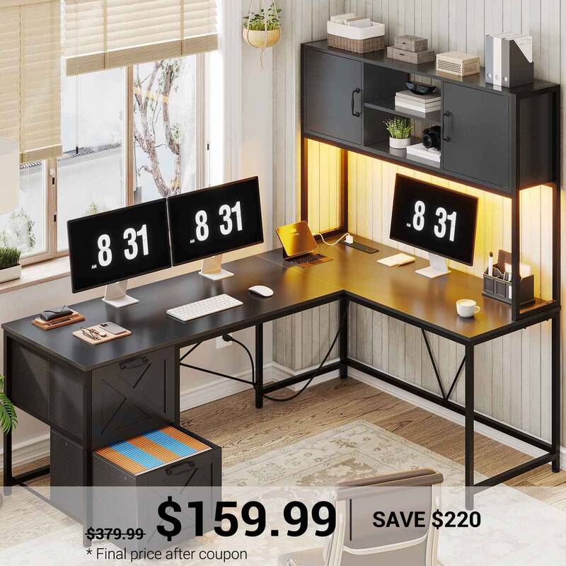 SEDETA 62.2 Inch L Shaped Gaming Desk with Drawers Fabric File Drawers and Power Outlet Rustic Brown Home Office Furniture
