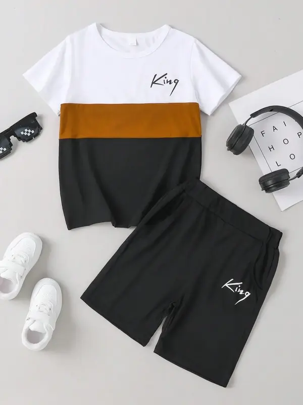 Two-Piece Set Boy's Letter Print Short Sleeve Tee & Shorts Set, Casual Round Neck T-shirt & Shorts, Summer Clothes for Kids O...