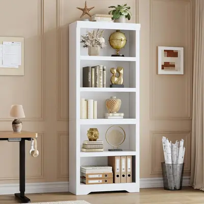 Garvee 5 Tier Bookshelf, 69 Tall Farmhouse Bookcase with Adjustable Shelves, 23.6 W Floor Standing Open Display Storage Rac...