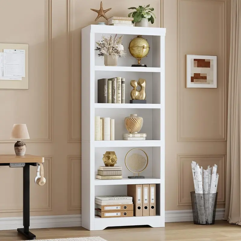 Garvee 5 Tier Bookshelf, 69 Tall Farmhouse Bookcase with Adjustable Shelves, 23.6 W Floor Standing Open Display Storage Rac...