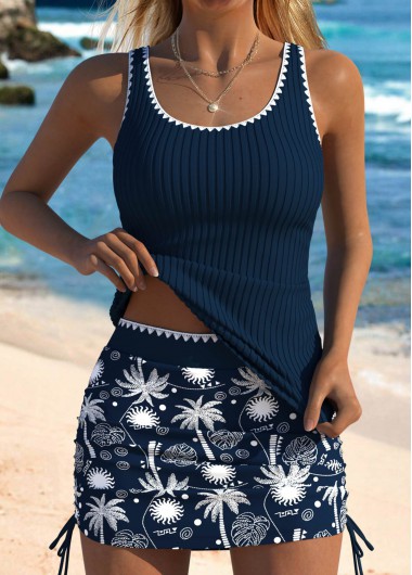 Modlily Mid Waisted Tropical Plants Print Navy Tankini Set - M