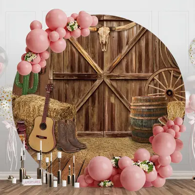 Western Cowboy Wooden Barn Round Birthday Backdrop - Aperturee