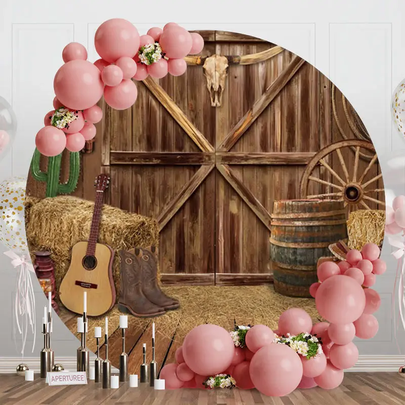 Western Cowboy Wooden Barn Round Birthday Backdrop - Aperturee