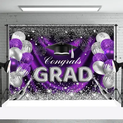 Purple Silver Sparkling Balloon Graduation Backdrop - Aperturee