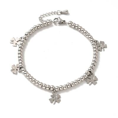 Tarnish Resistant 304 Stainless Steel Clover Charm Bracelet with 201 Stainless Steel Round Beads for Women